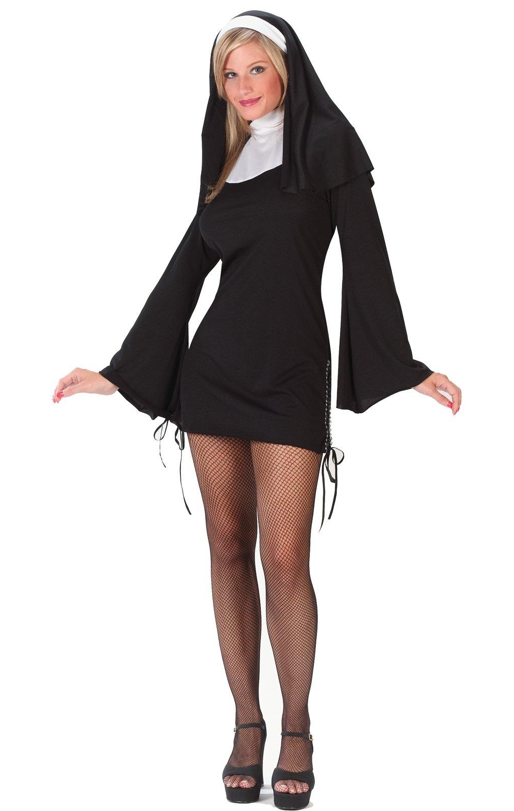 Blonde Nun wearing Black Fishnet Pantyhose and Black Short Dress